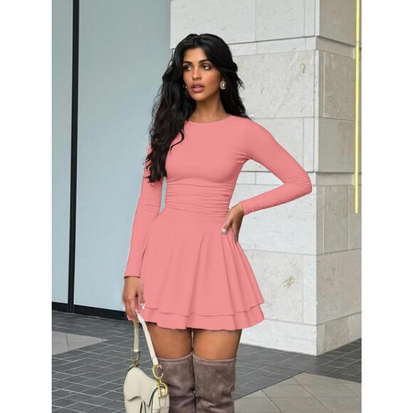 Women's Pink Crew Neck Corset Mini Dress Long Sleeve Ruffle Hem Party Club Wear - Picture 3 of 5